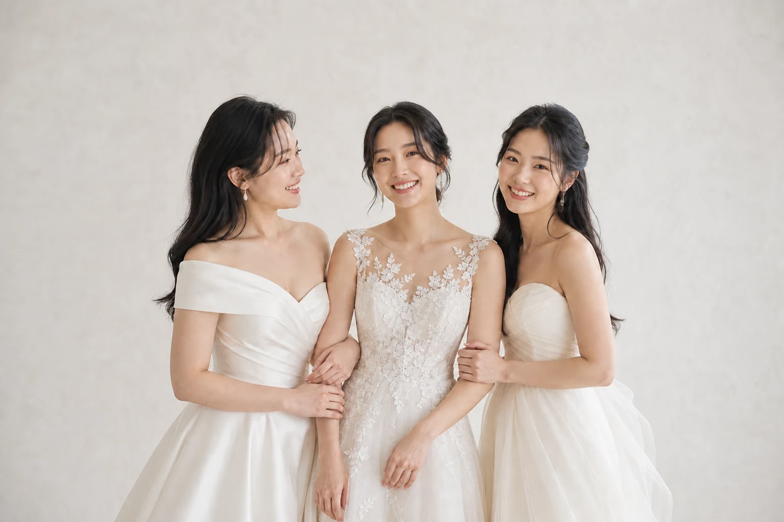 웨딩드레스를 입고 서로 팔을 맞대며 웃는 한국인 성인 여성 세 명의 AI 생성 이미지